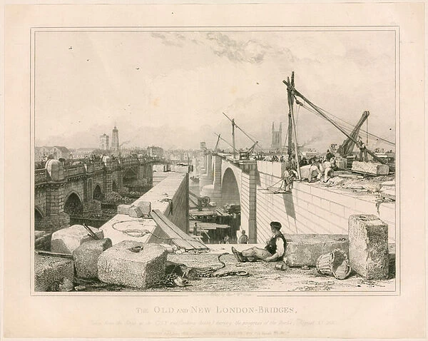 The Old and New London Bridges, 1830 (engraving)