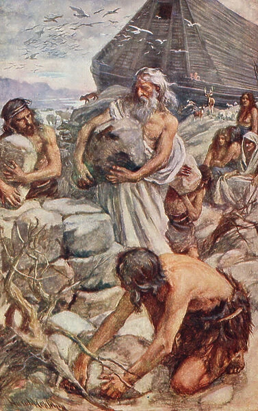 Old Testament: Noah Building his Altar (colour litho)