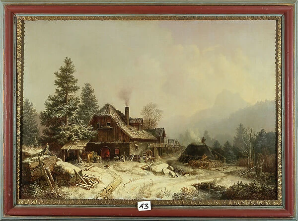 The Old Mill in Winter (oil on canvas laid down on board)