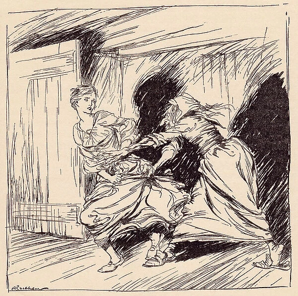 The old woman seized her by the gown and tried to hold her fast. Illustration by Arthur Rackham from Grimm's Fairy Tale, The Enchanted Tree