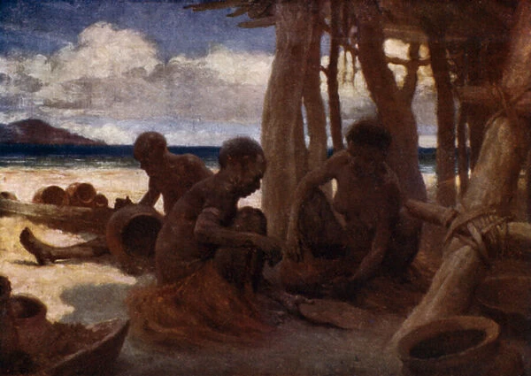 Old Women making Pottery, British New Guinea (colour litho)