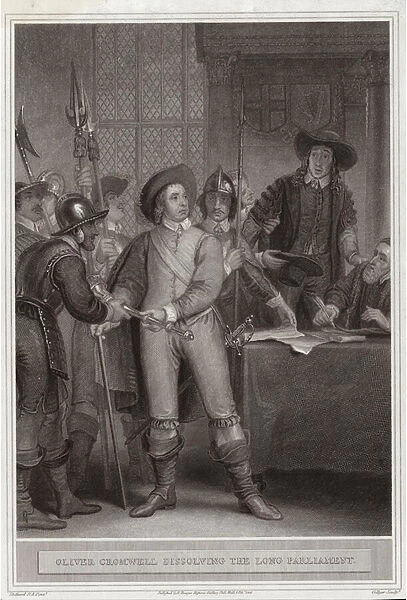 Oliver Cromwell (1599-1658) dissolving the Long Parliament (engraving)