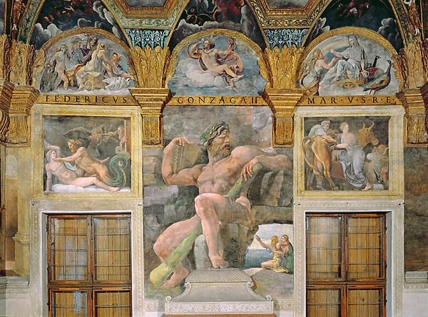 Olympia seduced by Jupiter, Polyphemus guarding Acis and Galatea, Pasiphae entering the cow constructed by Daedalus, from the Sala di Amore e Psiche, 1527-31 (fresco) (post restoration)