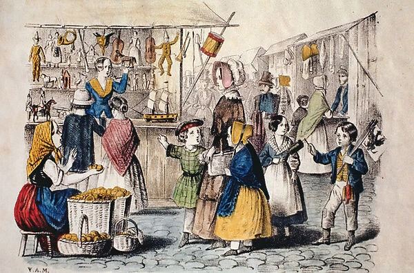 Open Air Market in Germany, c. 1860 (colour engraving)