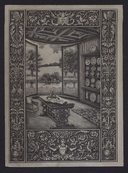 Open book in a room with the words Otto Beit on the pages (engraving)