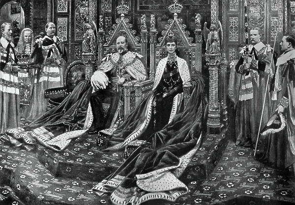 Opening ceremony of english parliament by king Edward VII (1841-1910, king in 1901-1910) and his wife queen Alexandra, february 23, 1901