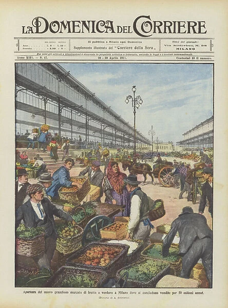 Opening of the new grandiose fruit and vegetable market in Milan where sales of 50 million per year are concluded (colour litho)
