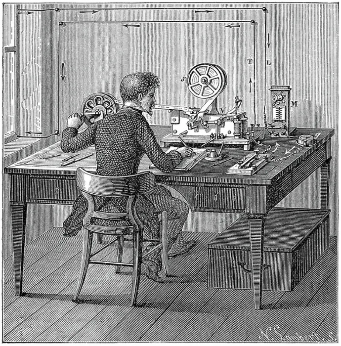 Framed Print : Operator receiving a message in Morse code on printing telegraph. In box under table are the wet cells (batteries) supplying electricity. Wood engraving 1887 Framed Print : Operator receiving a message in Morse code on printing telegraph. In box under table are the wet cells (batteries) supplying electricity. Wood engraving 1887