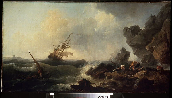 Orage en mer (Storm at the sea). Peinture de Claude Joseph Vernet (1714-1789). Huile sur toile, 58 x 107 cm. Ecole francaise du 18e siecle. Musee des Beaux Arts Pouchkine, Moscou
