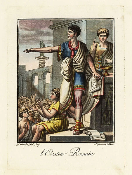 An orator speaking to a crowd in a forum, ancient Rome. 1796 (engraving)