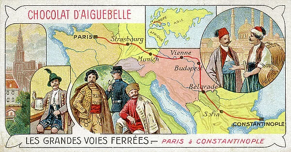 The Orient Express Railway Line from Paris to Constantinople, series on Great Railway Lines by Chocolat d'Aiguebelle, 1900-19 (colour litho)
