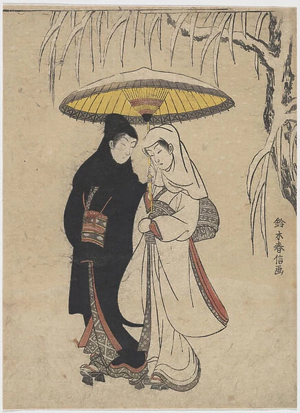 The Oriental Arts : Young Lovers Walking Together under an Umbrella in a Snow Storm par