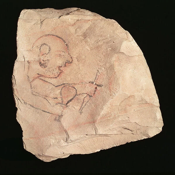 Ostracon depicting an unshaven stonemason, possibly from Deir el-Medina