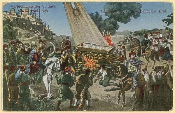 Ottoman Turks burning the remains of St Sava in punishment for an uprising by the Serbians, Belgrade, 1596 (chromolitho)