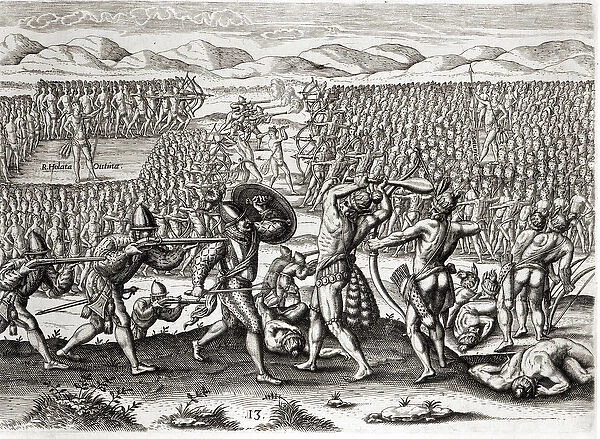 Outina defeats Patanou with the aid of the French, Florida, 1564, from Brevis