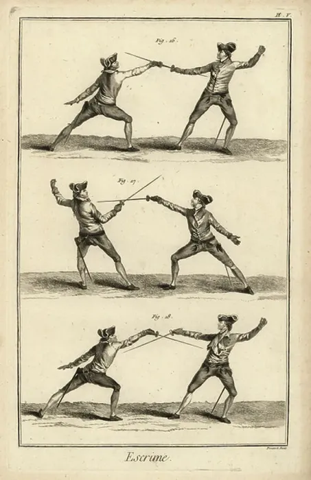 Framed Print : Outside parade called tierce and thrust, feather parade and carte over the arm, outside parade called thrust in seconds. Copperplate engraving by Robert Benard from the Fencing fencing section of Denis Diderot's Encyclopedia, Pellet, Geneva, 1779