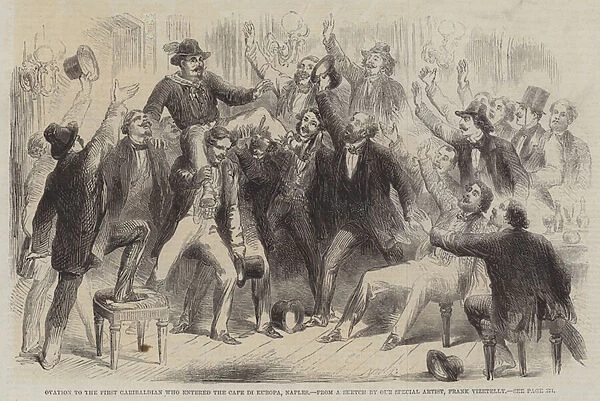 Ovation to the First Garibaldian entered the Cafe di Europa, Naples (engraving)