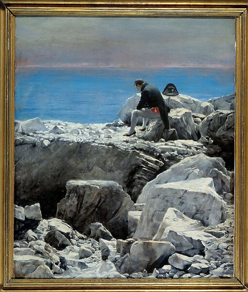 Its over, Napoleon I to Saint Helene (1769-1821) The emperor in exile is represented in a melancholic attitude alone on a rock of Sainte-Helene Island. Painting by Oscar Rex (1857-1929) 19th century Sun