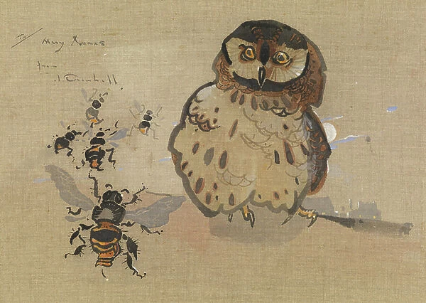 Owl and Bees (gouache on linen)