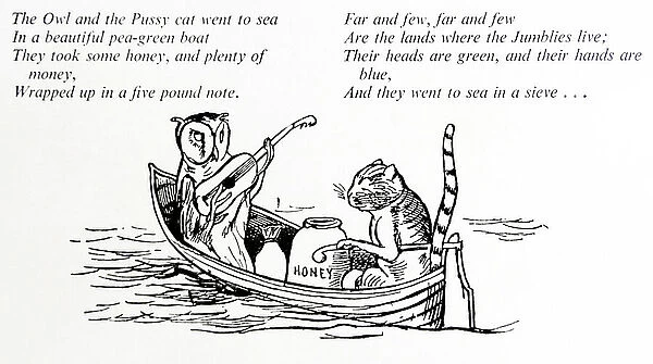 The owl and the Pussycat caracaters by Edward Lear (1812 - 1888) English artist, illustrator, author and poet