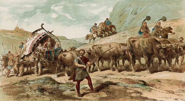 Ox-drawn wagon and escort of the Nervii tribe of northern Gaul (colour litho)