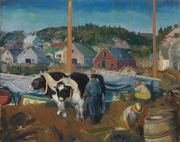 Ox Team, Wharf at Matinicus, 1916 (oil on lumbercore panel)