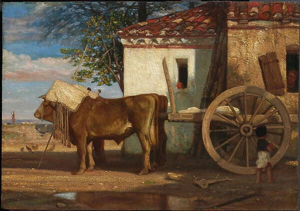 Oxen before a Farmhouse at Le Verrier, c. 1853 (oil on wood panel)