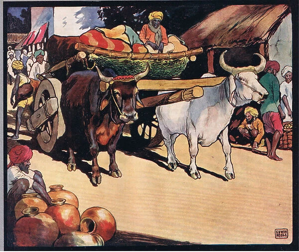 Oxen pulling a cart, illustration from Helpers Without Hands by Gladys Davidson, published in 1919 (colour litho)
