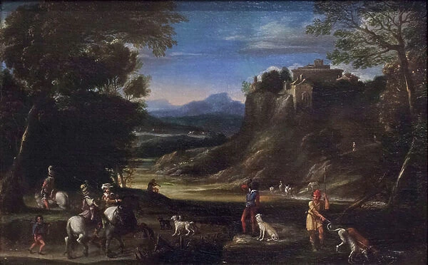 Paesaggio boscoso con scena di caccia, 1603 circa, (oil on canvas)