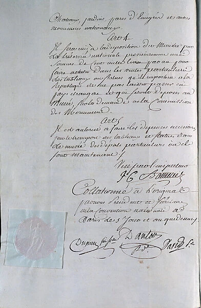 Page of signatures of the decret of 27 July 1793 establishing the Palais du Louvre as a