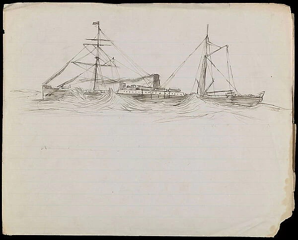 PAH1228; Sketches of a battleship and two other Royal Navy vessels (drawing)
