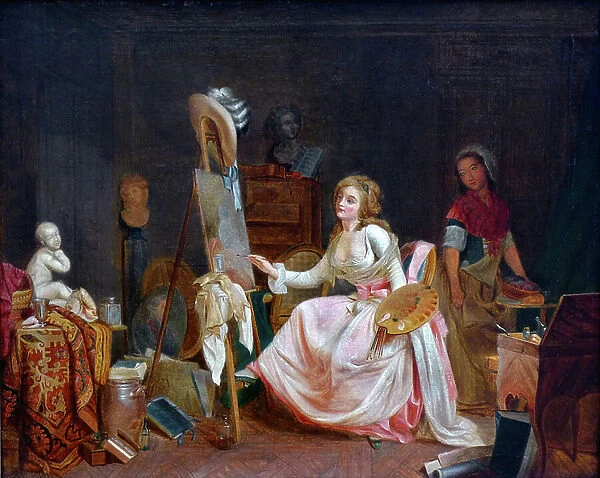The painter's studio. Young woman painting a picture, 19th century (oil on canvas)