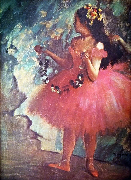 Painting titled Dancer in a Rose Dress by Edgar Degas