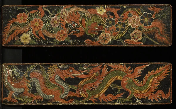 A pair of Buddhist manuscript covers, 1659 (opaque w  /  c on wood)