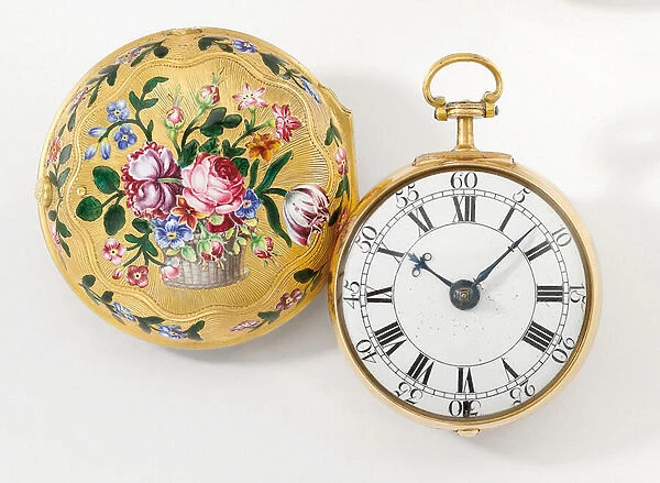 Pair case openface verge watch, 1758 (gold & enamel)