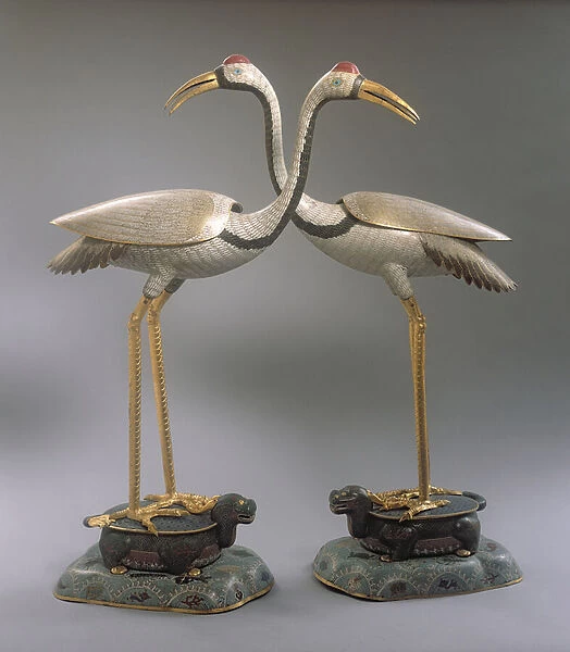 Pair of Crane Incense Burners, from the Qianlong period (1736-95) (cloisonne enamel)