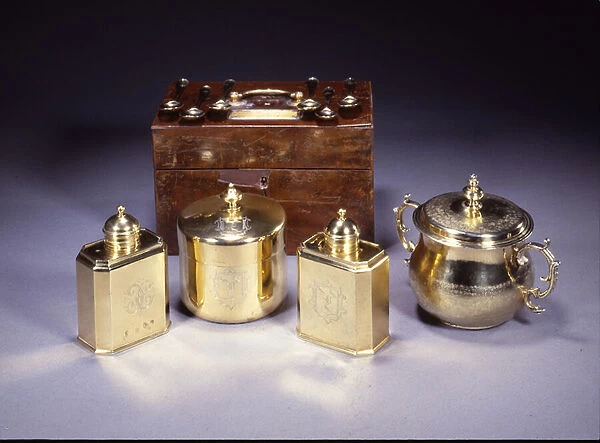 Pair of Queen Anne tea caddies and a sugar box, 1708 (silver-gilt & wood)
