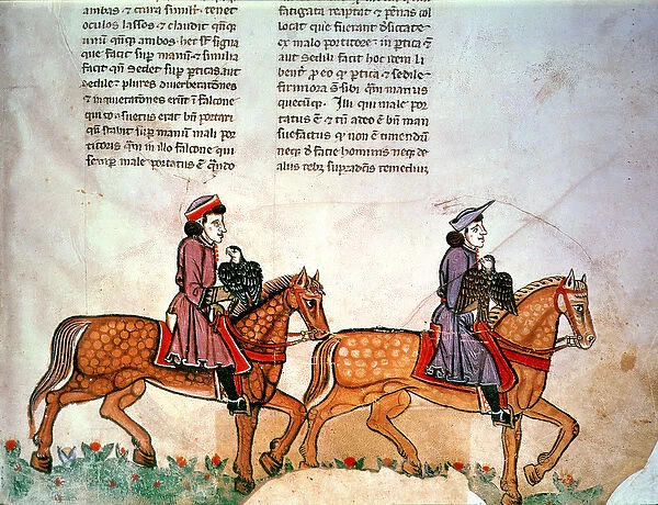 Pal Lat 1071 Frederick II: Two horsemen with falcons, from