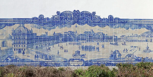 The Palace Square Terreiro do Paco, detail, hand painted on azulejo tiles on the side wall of Santa Luzia church, Lisbon, Portugal