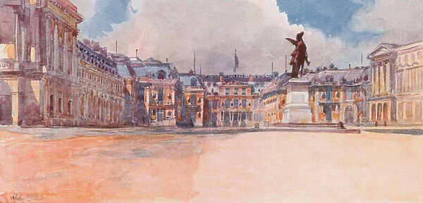 Palace of Versailles, Side facing the Courts, Versailles (colour litho)