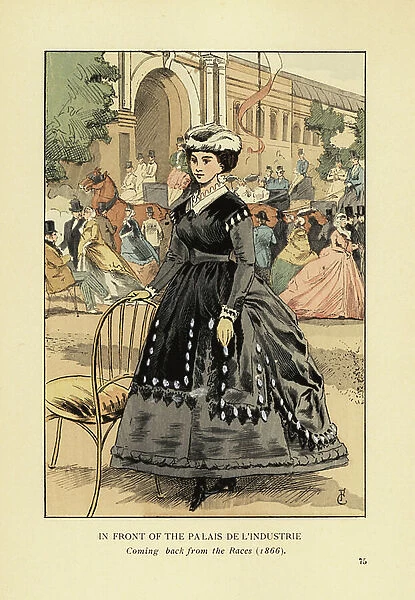 In front of the Palais de l'Industrie, coming back from the races in 1866, 1898 (litho)