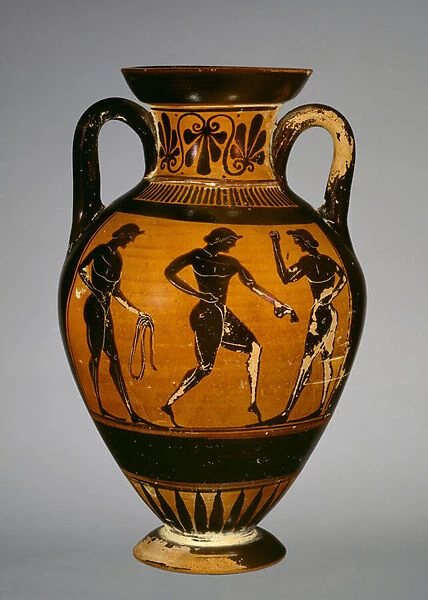 Panathenaic amphora with three athletes (ceramic)