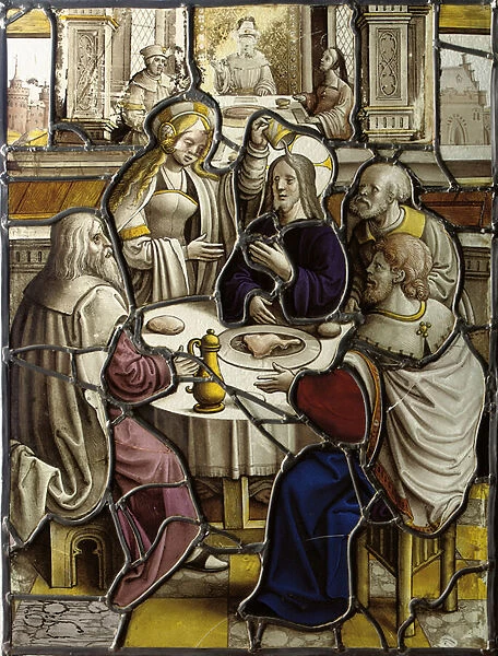 Panel, probably depicting Christ at supper with Simon the Pharisee (stained glass)
