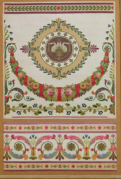 Panel of silk with a garland of flowers and swans from Pernon, Lyons (silk)