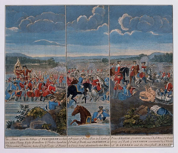 Three panels depicting the Battle of Blenheim, c. 1765 (coloured engraving)