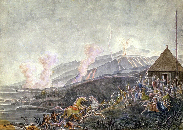 Panic during the eruption of Piton de la Fournaise, 1812 (watercolour)