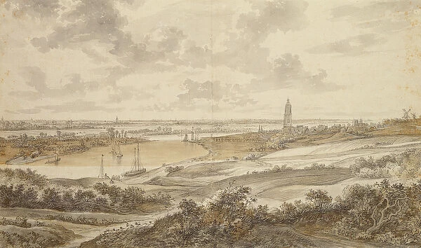 Panorama with the town of Rhenen (black chalk with pen and brown ink wash on paper)