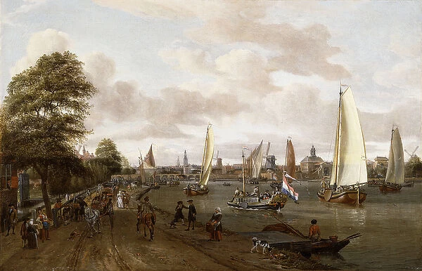 A Panoramic View of Amsterdam with a barge and smallships on the Buiten-Amstel
