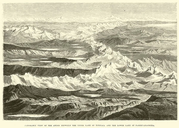Panoramic view of the Andes between the Upper Lake of Titicaca and the Lower Lake of Parihuanacocha (engraving)