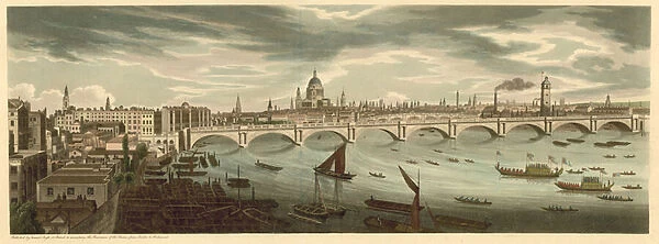 Panoramic view over London including London Bridge and St Pauls Cathedral (coloured engraving)